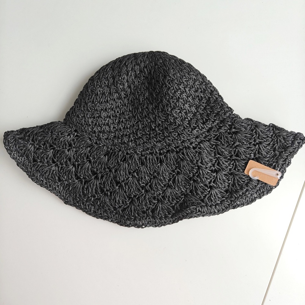 NEW Black Woven Paper Straw Sun Hat Wide Wire Brim Summer Beach Floppy Hat
